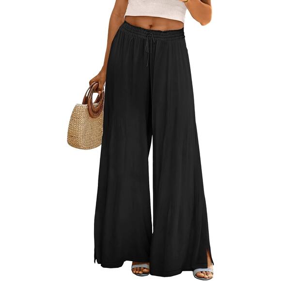 NWOT ~ Women's Black Wide Leg Boho Pockets Leg Slit Palazzo Pants ~ Plus Size 2X - Picture 1 of 4